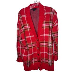 Ann Taylor Plaid Cardigan Sweater Red Women's Size L Preppy Work Office
